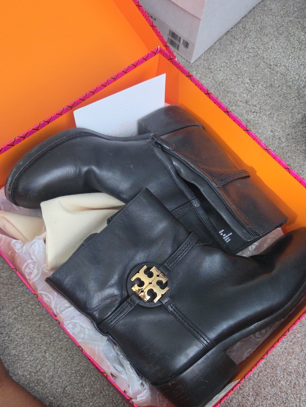 Tory Burch Black Leather Ankle Booties with Gold Logo Emblem